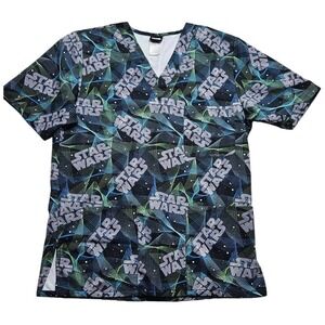 Star Wars Scrub Top XS V-Neck Medical Uniform Black Neon Logo Print TF701 Mens